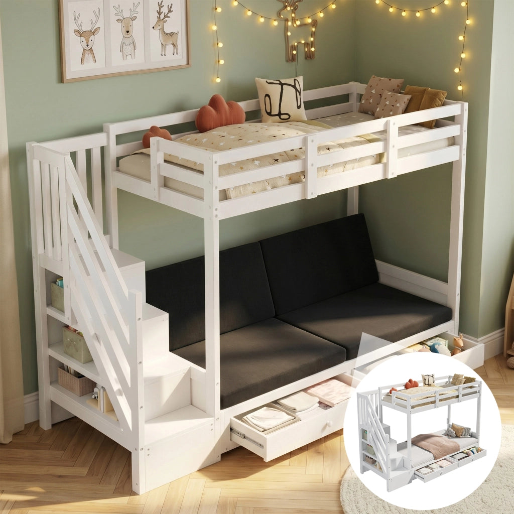 Letto a soppalco 90 × 200 cm con divano regolabile, armadio a scala e 2 cassetti, senza materasso, bianco