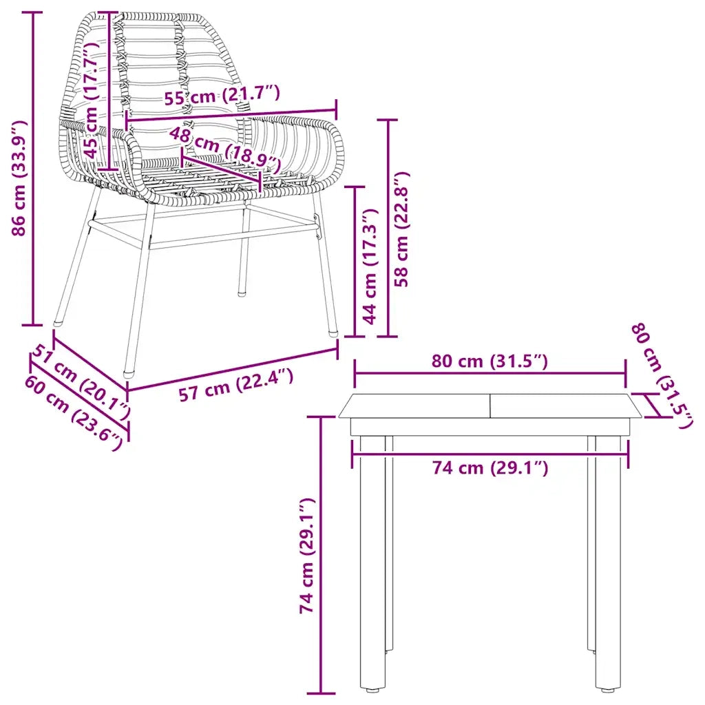 Set da Pranzo da Giardino 3 pz | Set Salotto da Giardino Marrone in Polyrattan Vetro