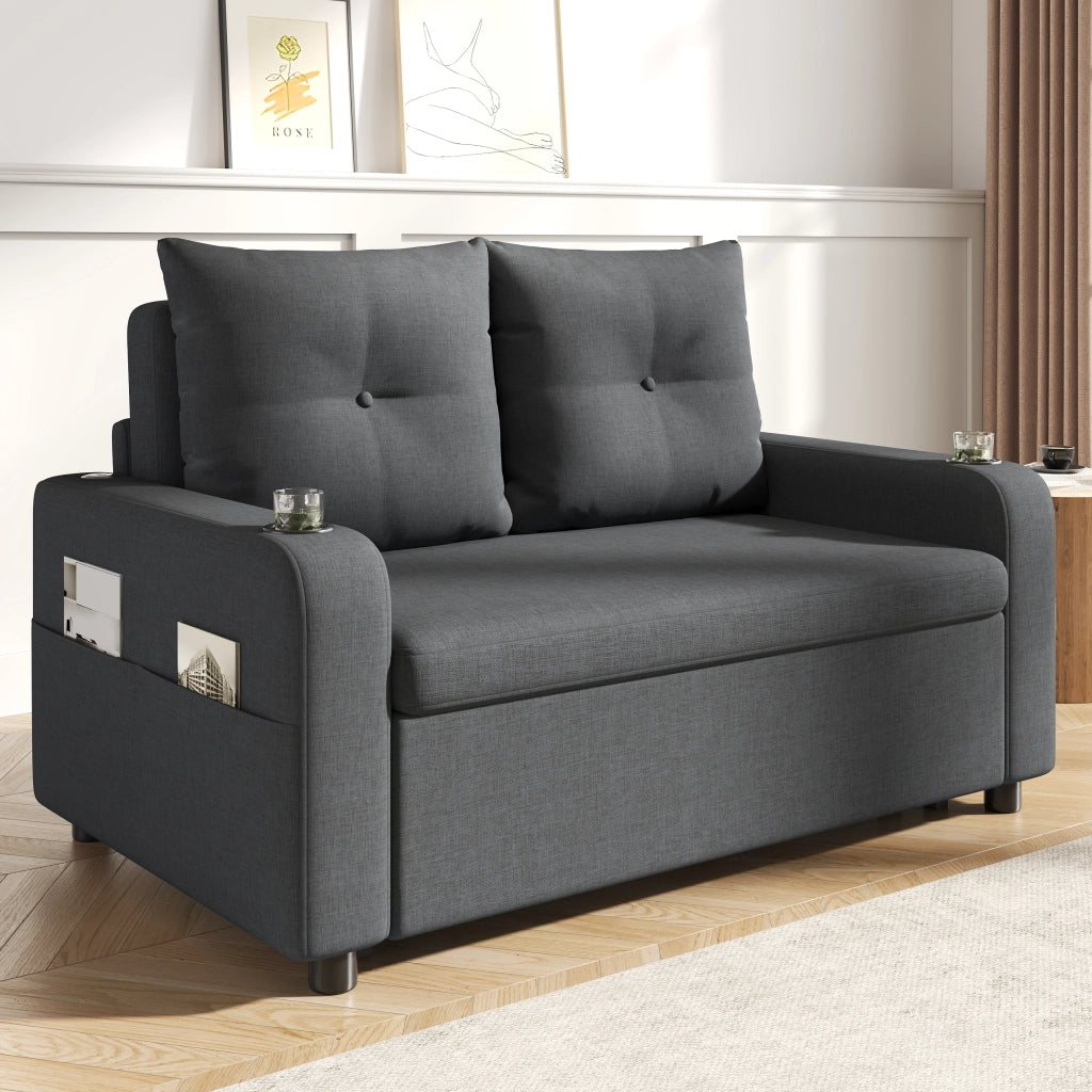 Divano letto 2 posti - con funzione letto; portabicchieri e USB - in cotone lino grigio