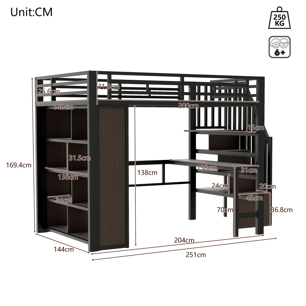 LETTO a soppalco 140x200 cm in metallo nero con scrivania e LED