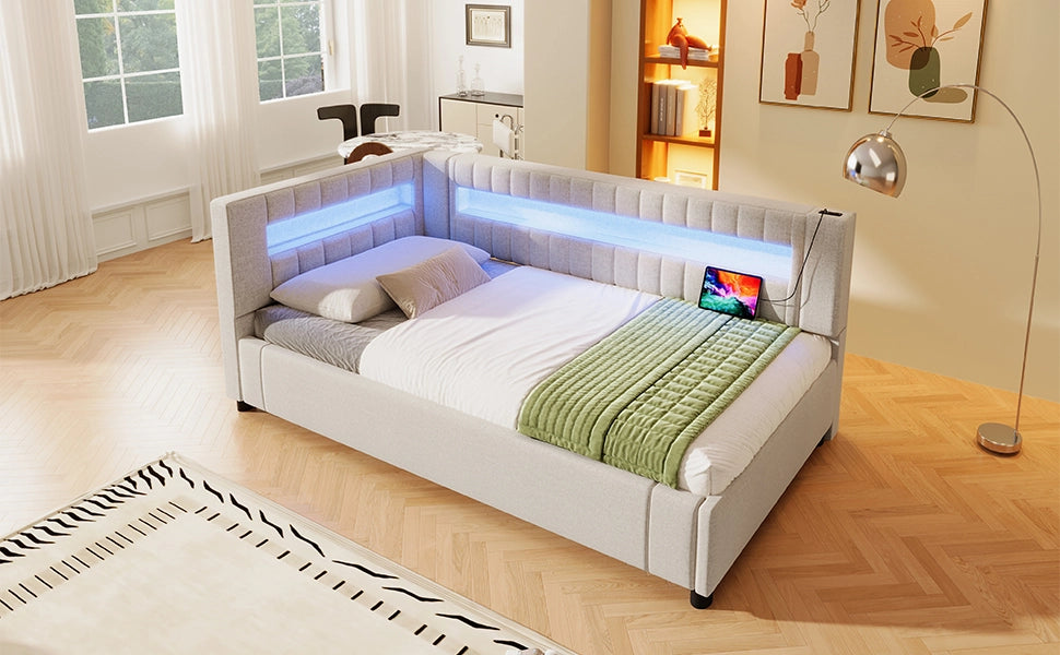 DESMIU Lit daybed 90 × 200 cm con vano contenitore idraulico, LED, USB e Type-C, senza materasso, beige