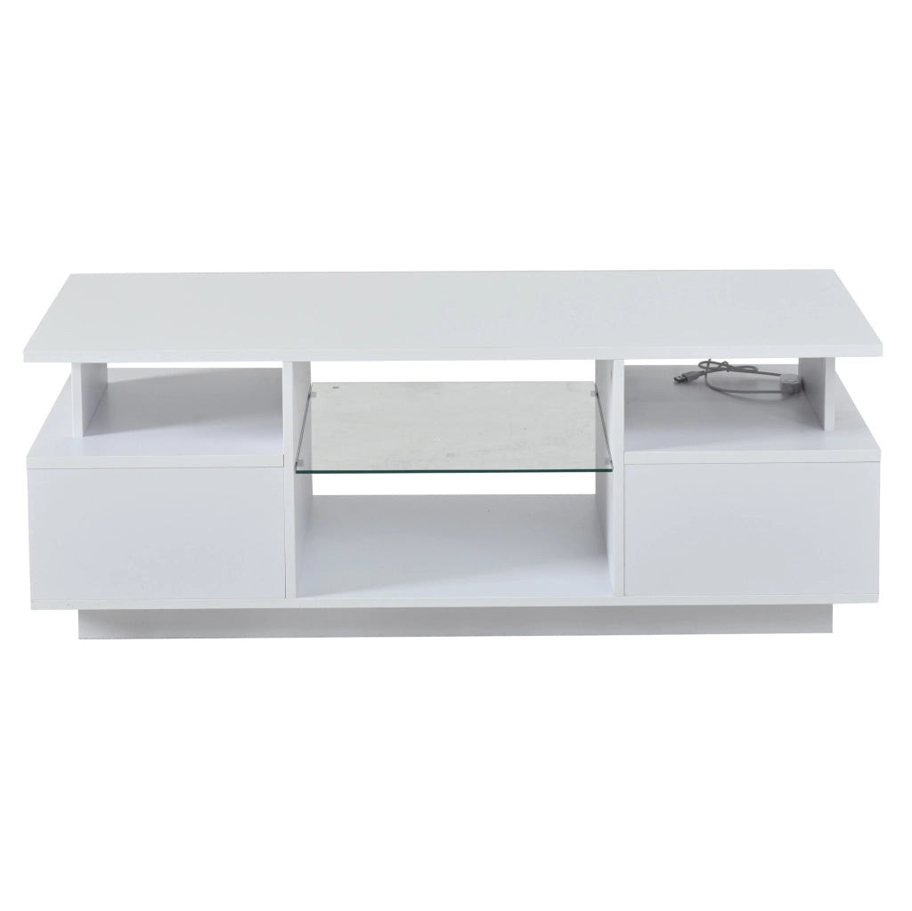 Tavolino da salotto 100 x 50 x 36 cm con 2 cassetti; LED; ripiani in vetro; bianco lucido