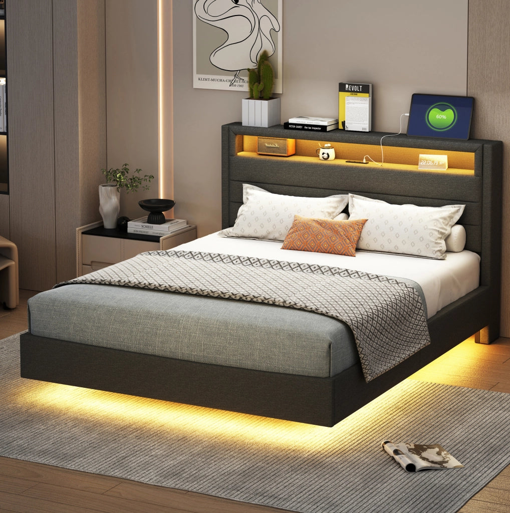 Letto imbottito 140x200 cm grigio in tessuto con USB, LED e testiera reversibile