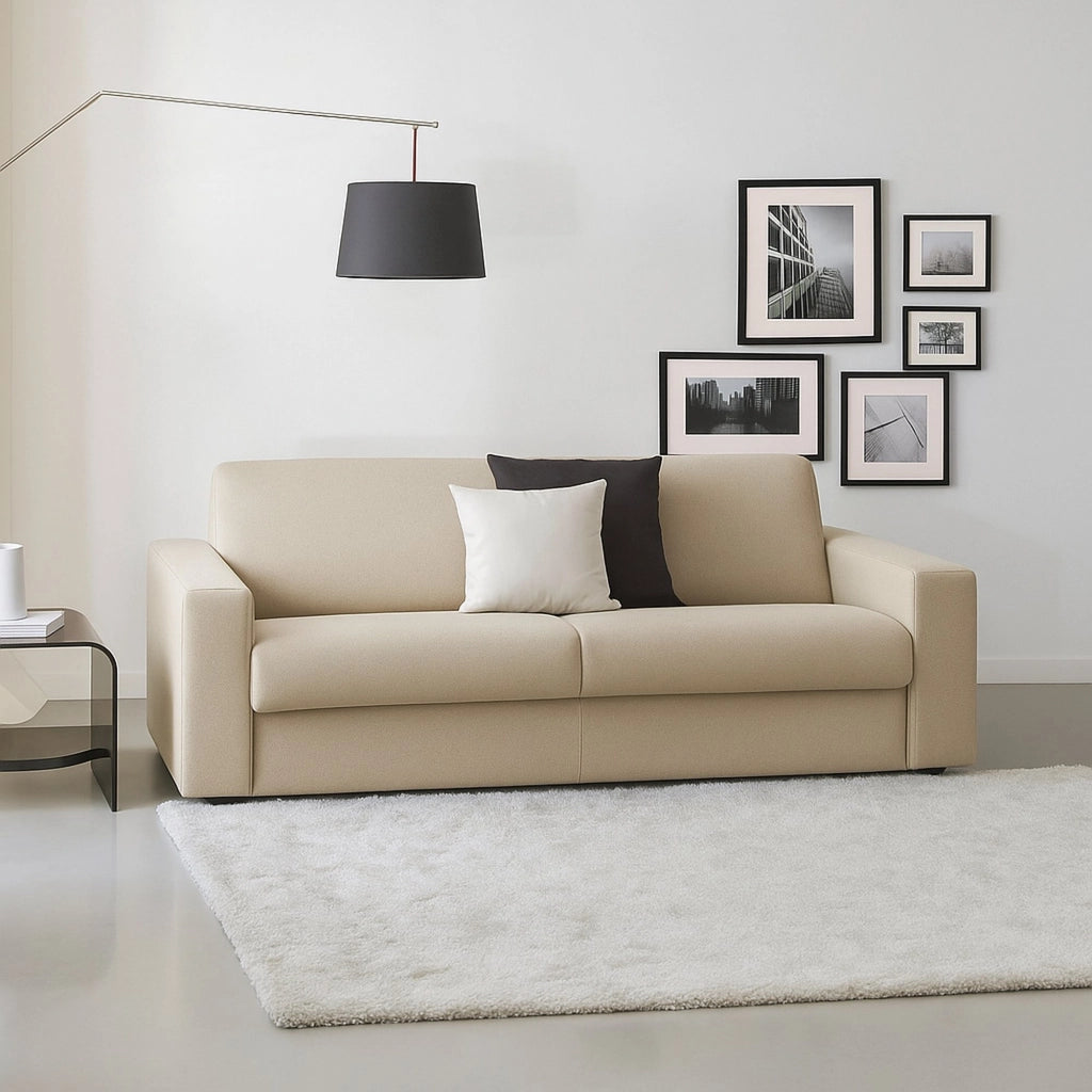 Divano fisso Larimar, Divano a 3 posti, Made in Italy, SofÒ  Soggiorno, in tessuto imbottito, con Braccioli slim, cm 200x95h90, Beige
