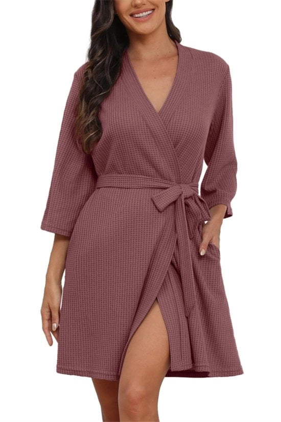 Badjas Dames Casual Reis Wafel Korte Kamerjas Driekwart Mouw Kimono Loungewear (Rosso, XXL)