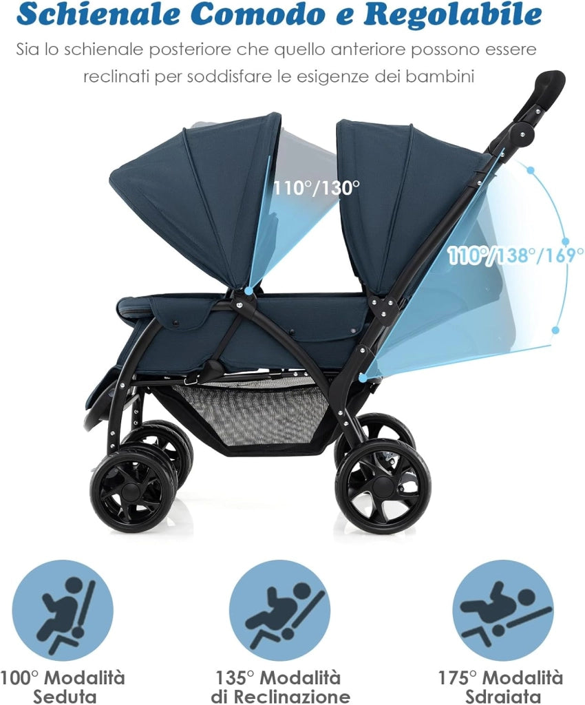 Passeggino Doppio Pieghevole per Bambini, Passeggino Gemellare Pieghevole, con Seduta in Tandem e Tettuccio, Schienale Regolabile, Ruote Bloccabili e Antiurto, per Bambini 0-36 Mesi (Blu)
