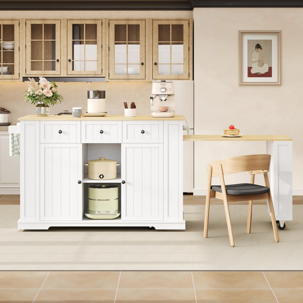Carrello da cucina mobile con isola e tavolo estraibile, 138(213)x55x93 cm, bianco/naturale, MDF