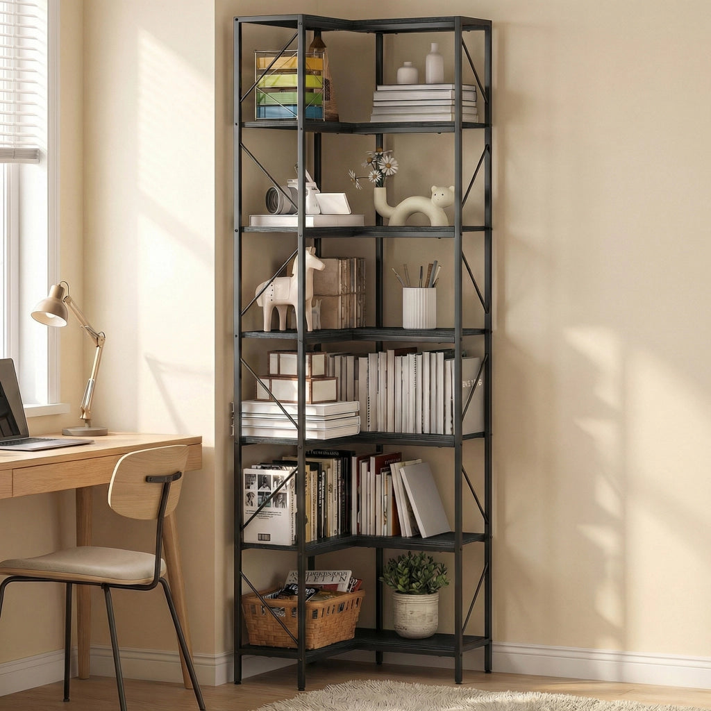 Libreria ad Angolo 60x60x198 cm a 7 Ripiani StileIndustriale Telaio in Metallo Effetto Legno Nero