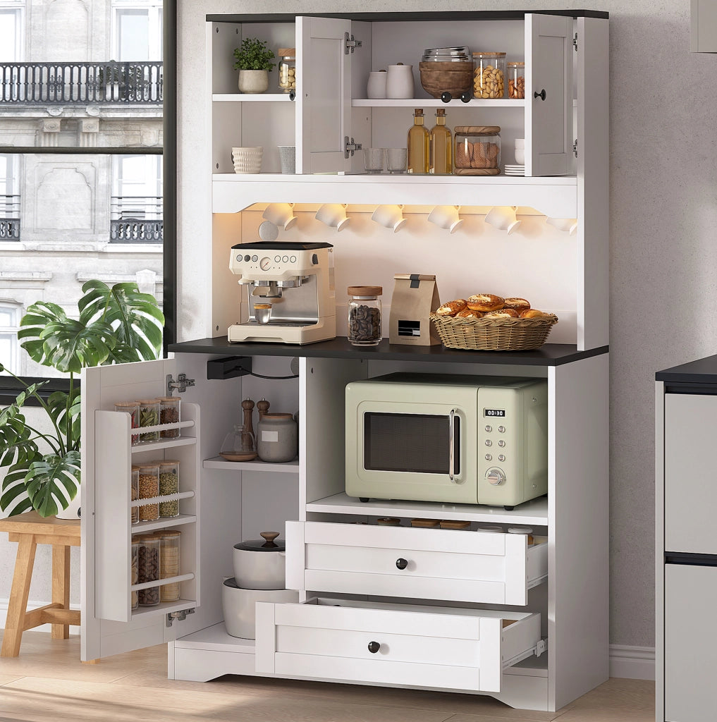 Credenza cucina multifunzione 100x40x163 cm con LED; prese USB; bianco