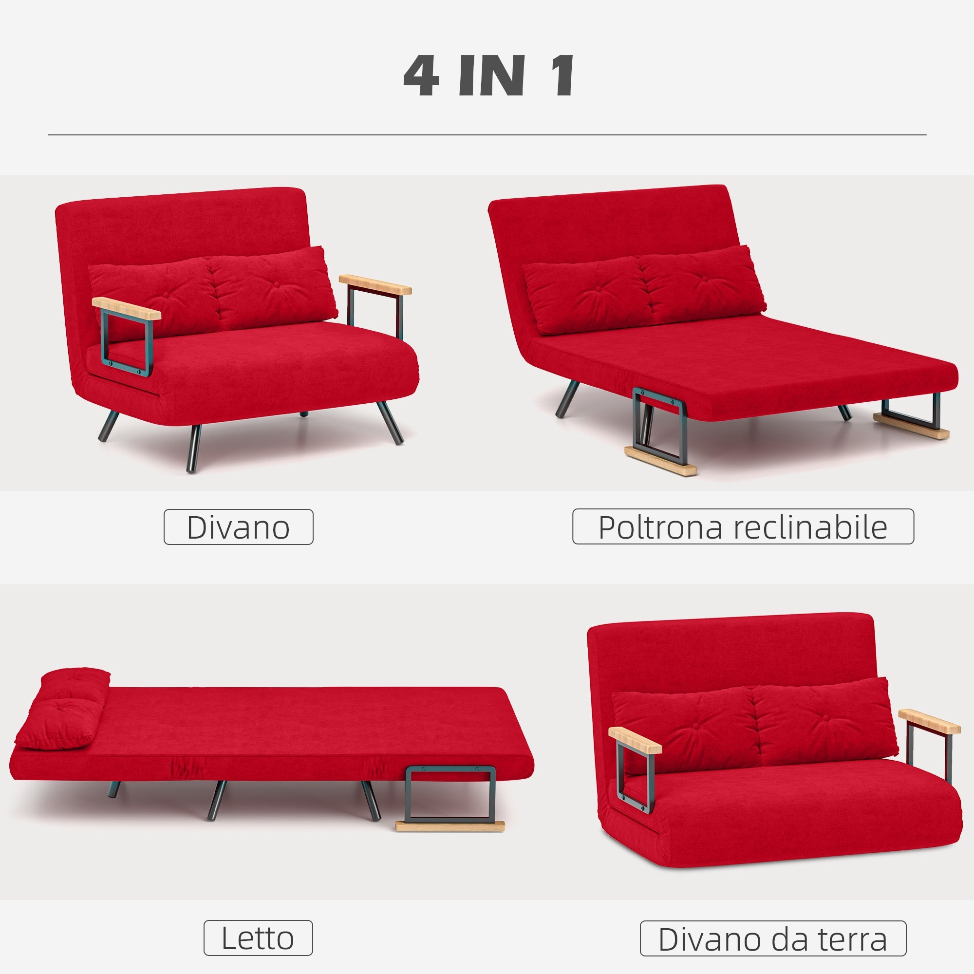 Divano Letto Schienale Regolabile 102x73x81 cm in Velluto Rosso