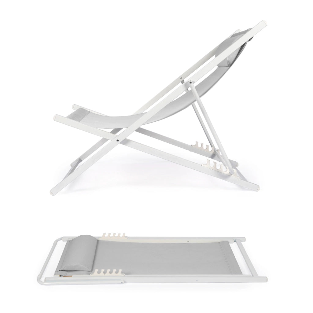 Set 2 Sdraio Mare Pieghevoli Reclinabili con Poggiatesta, Lettini da Spiaggia in Acciaio e Textilene, Sedie Relax per Giardino, Piscina, Terrazza e Campeggio, Beige Grigio