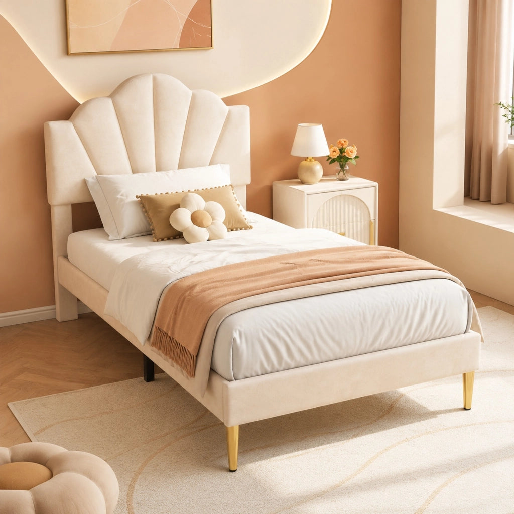 Letto imbottito in velluto beige 90 x 200 cm con testiera regolabile