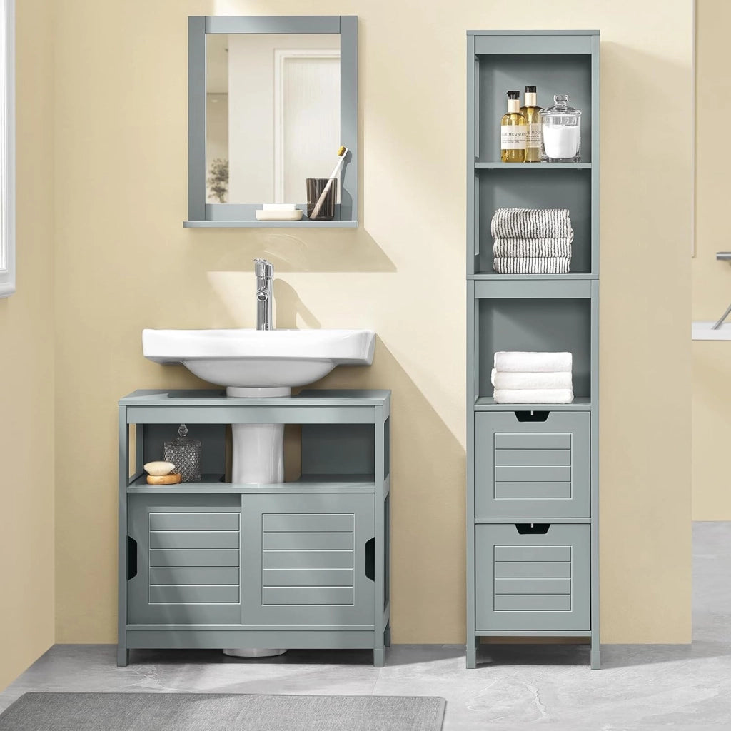 Mobile Bagno Sottolavabo Salvaspazio - Armadietto con 2 Ante Scorrevoli e Ripiano Aperto - Mobiletto Lavandino Compatto per Bagno Moderno Piccolo - Grigio, 60x30x60cm, FRG128-II-SG