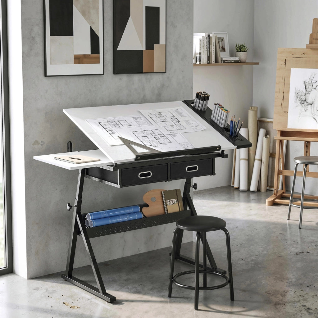 Tavolo da Disegno Regolabile 120x60x92 cm Scrivania e Sgabello per Disegno in MDF Metallo e PU Bianco