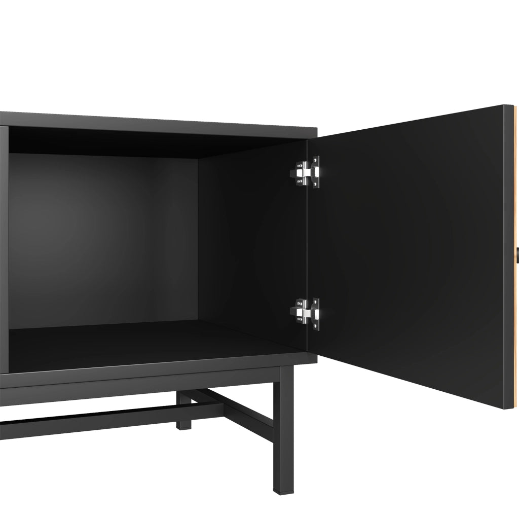 Mobile TV 150x38x50.5 cm; ampio spazio con vani e armadi; pannello truciolare e ferro; nero e colore naturale