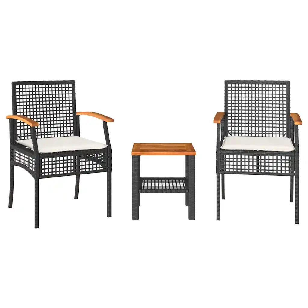 Set da Bistr¨° 3 pz | Set Salotto da Giardino con Cuscini Nero Polyrattan e Legno Acacia
