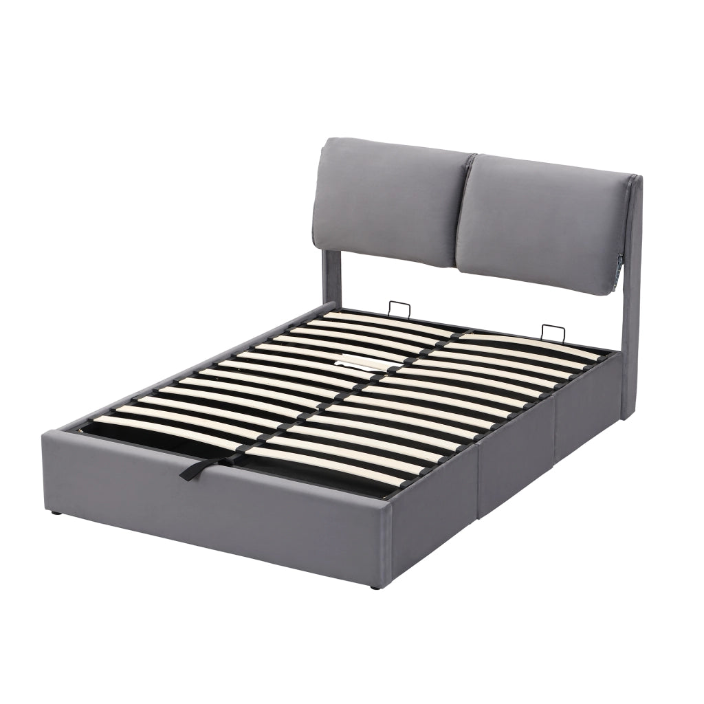 Letto imbottito 140x200 in velluto grigio con 3 cassetti, contenitore idraulico, rete a doghe e testiera regolabile