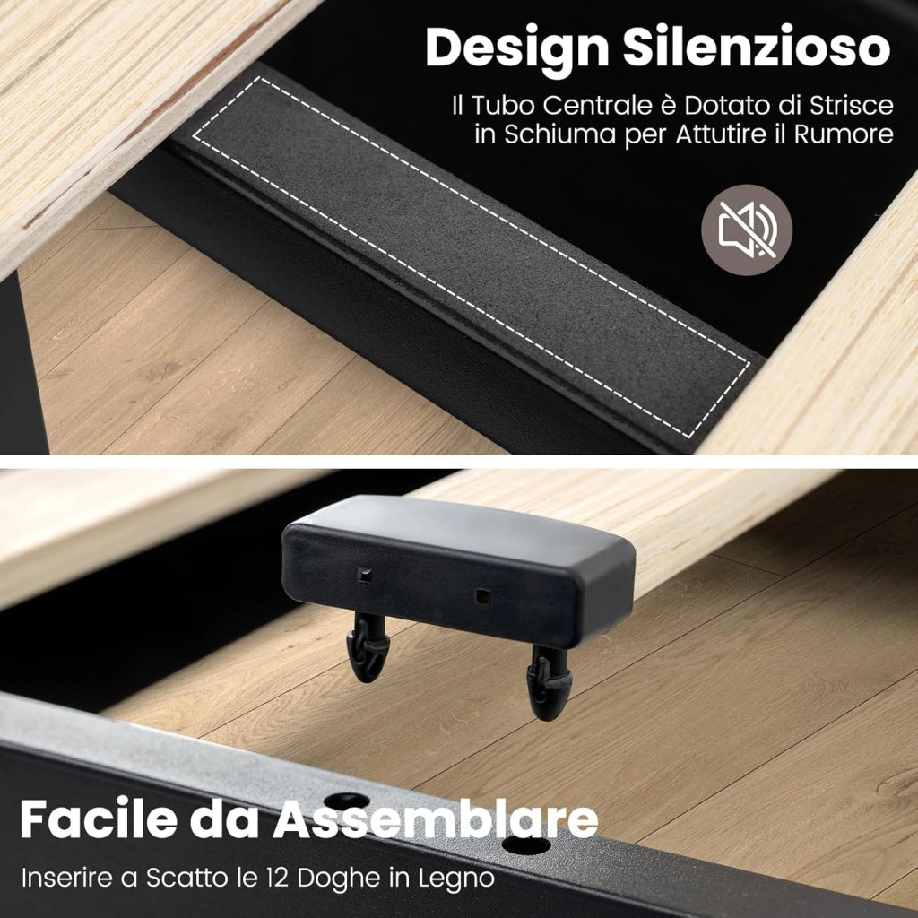Letto Matrimoniale 140 x 200 cm, Letto Imbottito con Testiera, Luci LED, Stazione di Ricarica, 2 Tasche e 4 Cassetti, Carico 500kg, Silenzioso