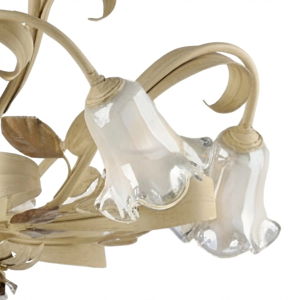 Lampadario Arte Povera Cesto Metallo Avorio E Oro 5 Luci E14