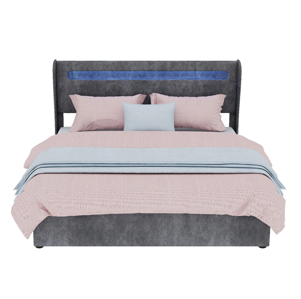 Letto matrimoniale 160x200 cm con testiera regolabile e LED; tessuto e metallo; grigio