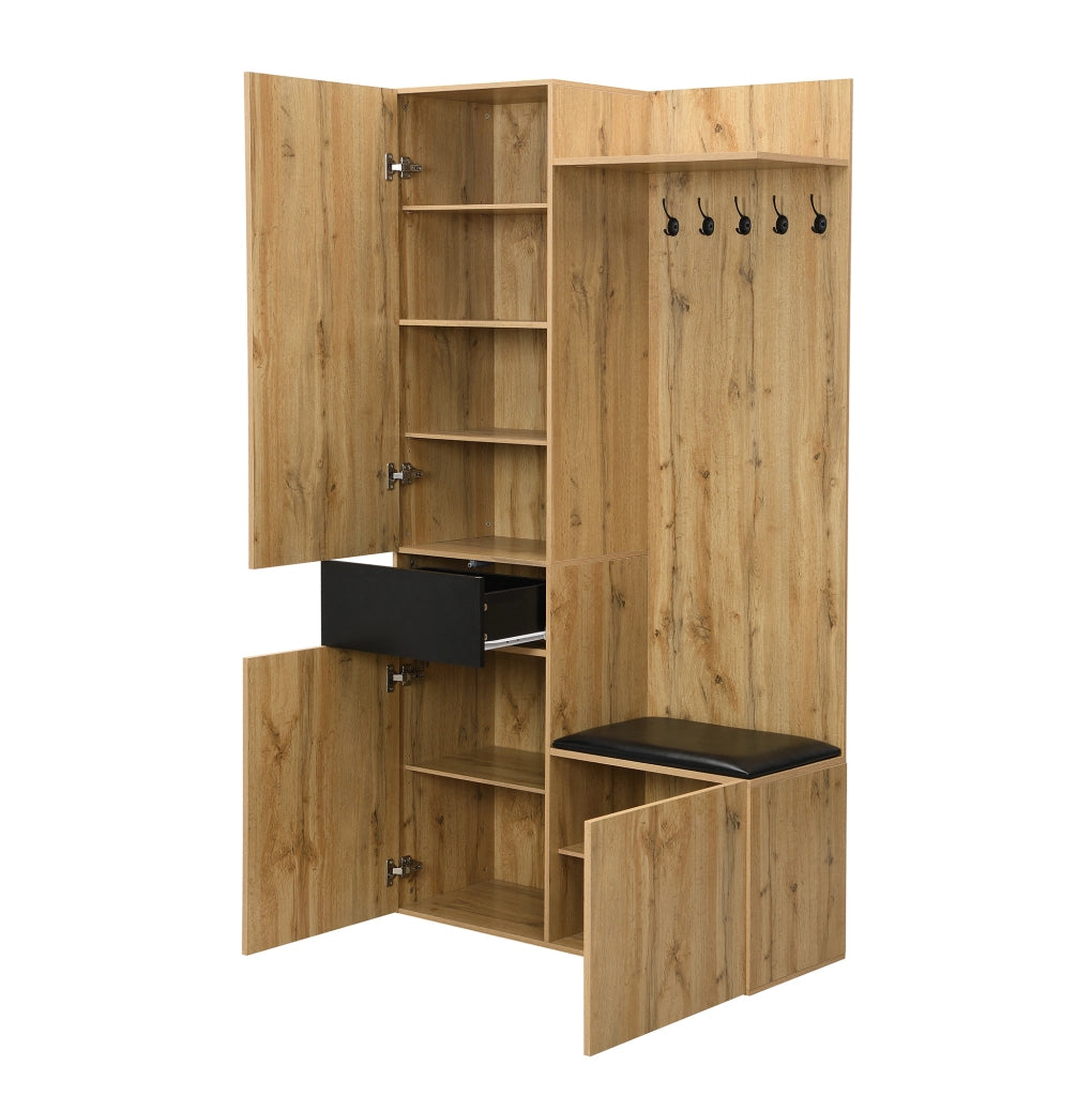 Garderoba da ingresso con 5 ganci; specchio e scarpiera; MDF; nero e naturale