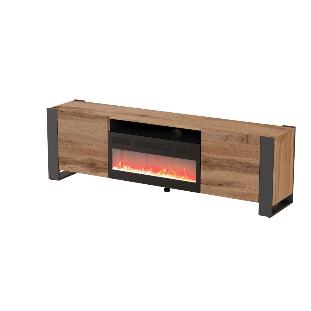 Mobile porta TV soggiorno con caminetto elettrico WOOD cm 196x40x60h Rovere