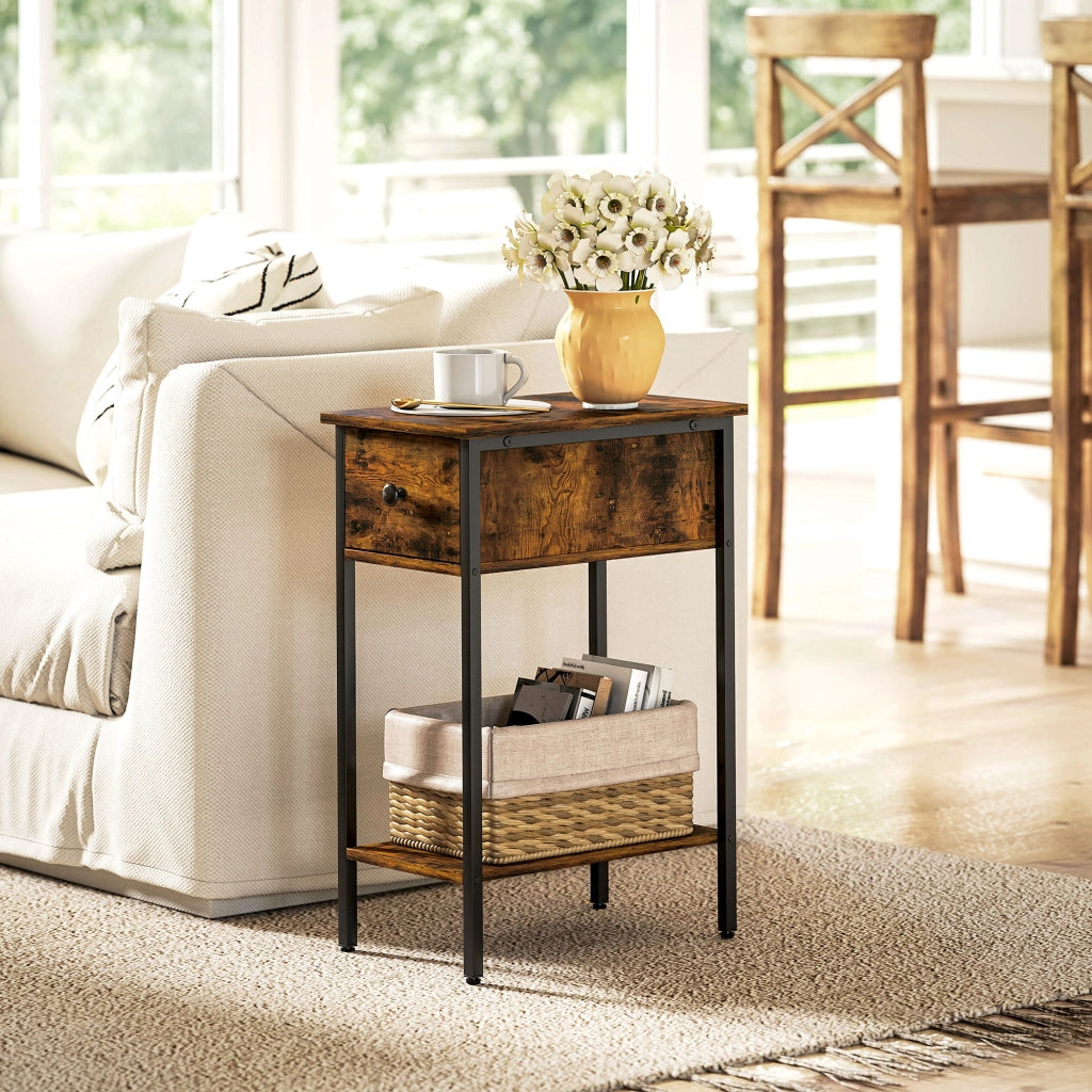 Tavolino con cassetto e ripiano aperto ¨C Zephmum ¨C Legno, marrone, gambe in metallo