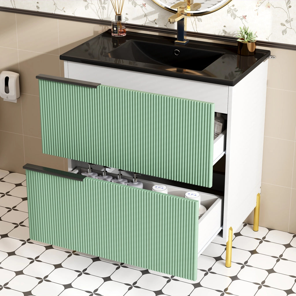 Mobile sottolavabo da bagno con lavabo in ceramica, 2 cassetti, in MDF, verde, con maniglie e piedini in metallo