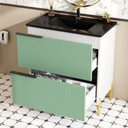 Mobile sottolavabo da bagno con lavabo in ceramica, 2 cassetti, in MDF, verde, con maniglie e piedini in metallo