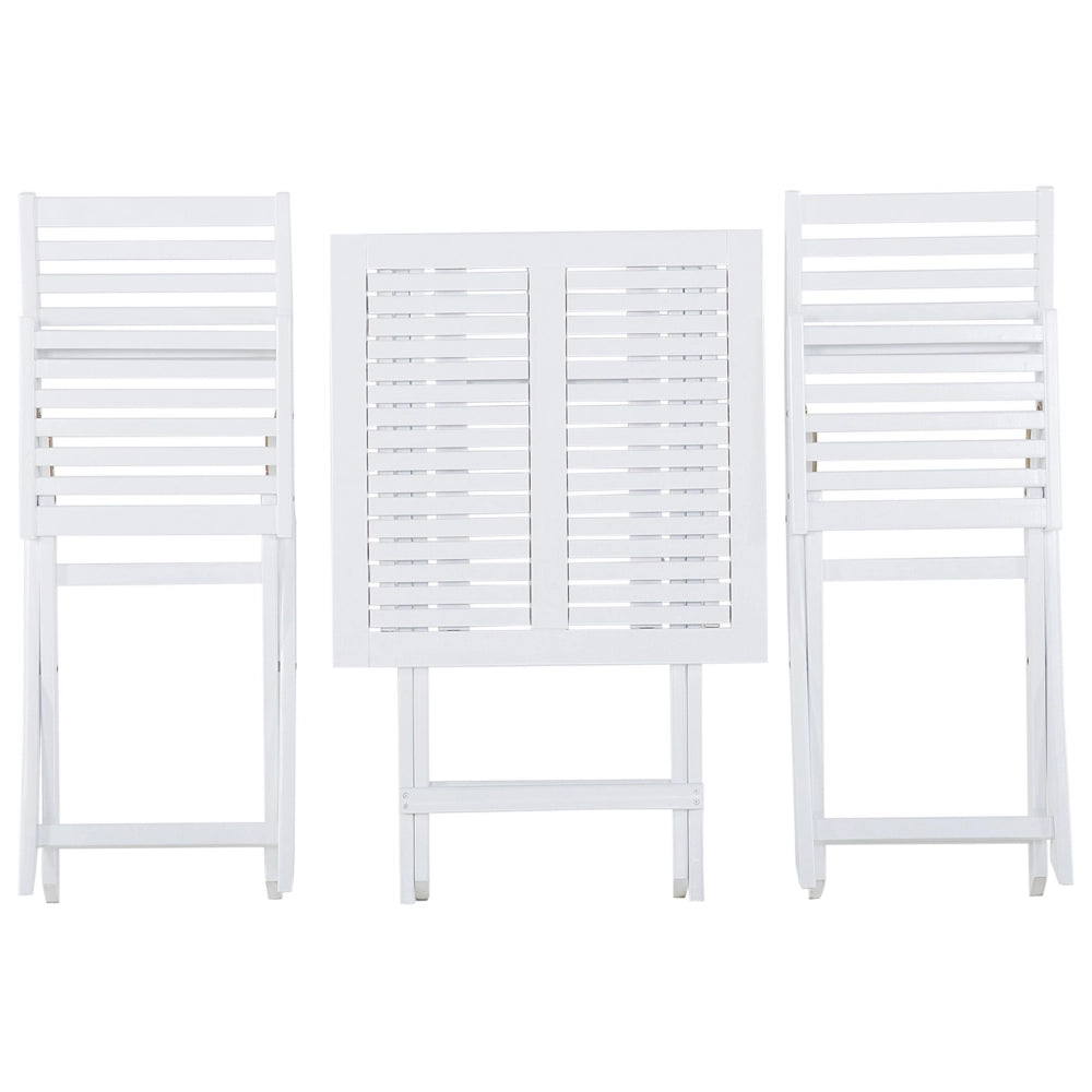 Set da bistrot 3 pezzi in legno massello di acacia bianco cuscini blu a doghe pieghevoli design scandinavo moderno