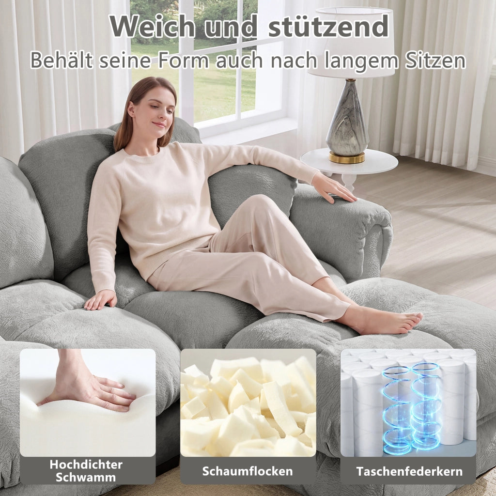 Divano angolare modulare a l con pouf mobile e cuciture trapuntate in tessuto chenille grigio chiaro 330 × 149 × 90 cm