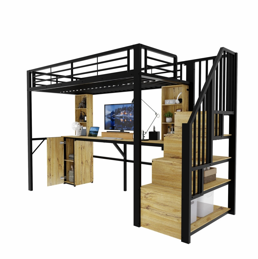Letto a soppalco 90x200 cm nero in metallo e MDF, scrivania USB, senza materasso