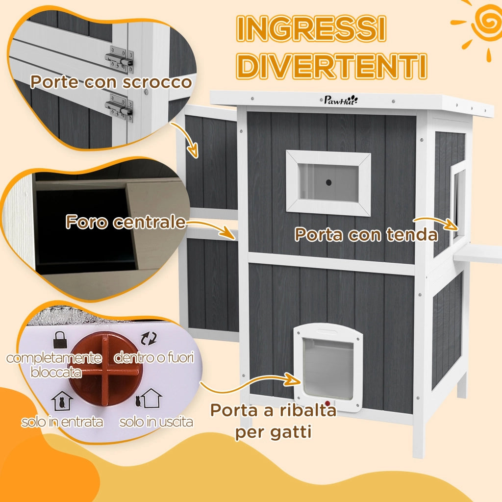 Cuccia per Gatti da Esterno in Legno a 2 Livelli con Tetto ¨C zephmum ¨C Grigio 60x60x90.5cm