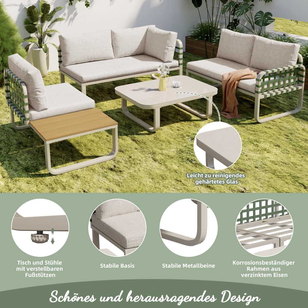 Set salotto giardino 4-5 persone: rattan; Divanooo esterno; cuscini seduta/schienale; crema albicocca