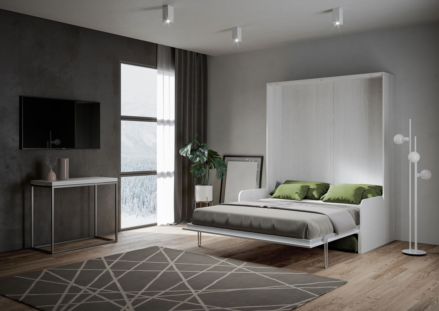 Letto Matrimoniale A Scomparsa 160 Kentaro Con Divano Bianco Frassino e Verde