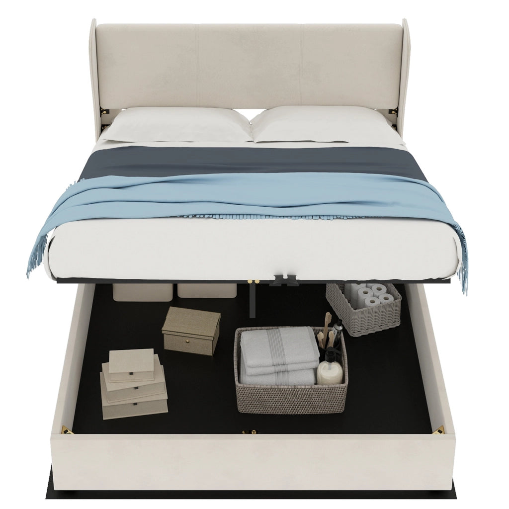 Letto Contenitore Imbottito ¨C MINIMAL ¨C Beige 140x200 con Testiera e Meccanismo Idraulico