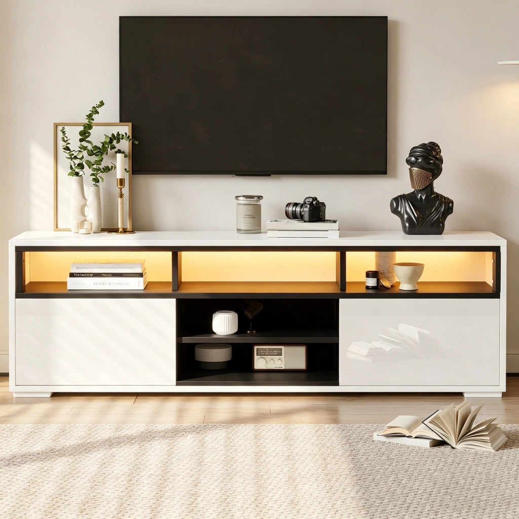 Mobile TV con 2 ante; LED e passacavi - per soggiorno - 150×35×50 cm - bianco
