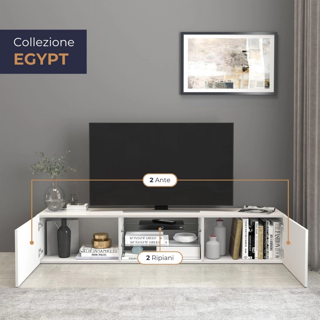WHOUS Mobile porta tv Egypt a 2 ante e 2 ripiani in vetro bianco lucido 180x38x35 cm