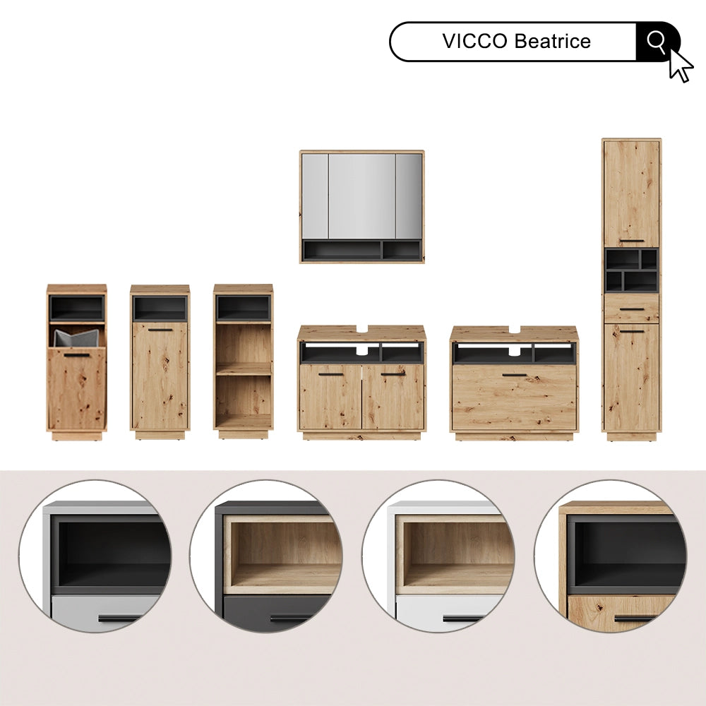 Armadio per il bagno Beatrice Grigio/Antracite 38 x 190 cm Con ante, cassetti e scomparti Vicco