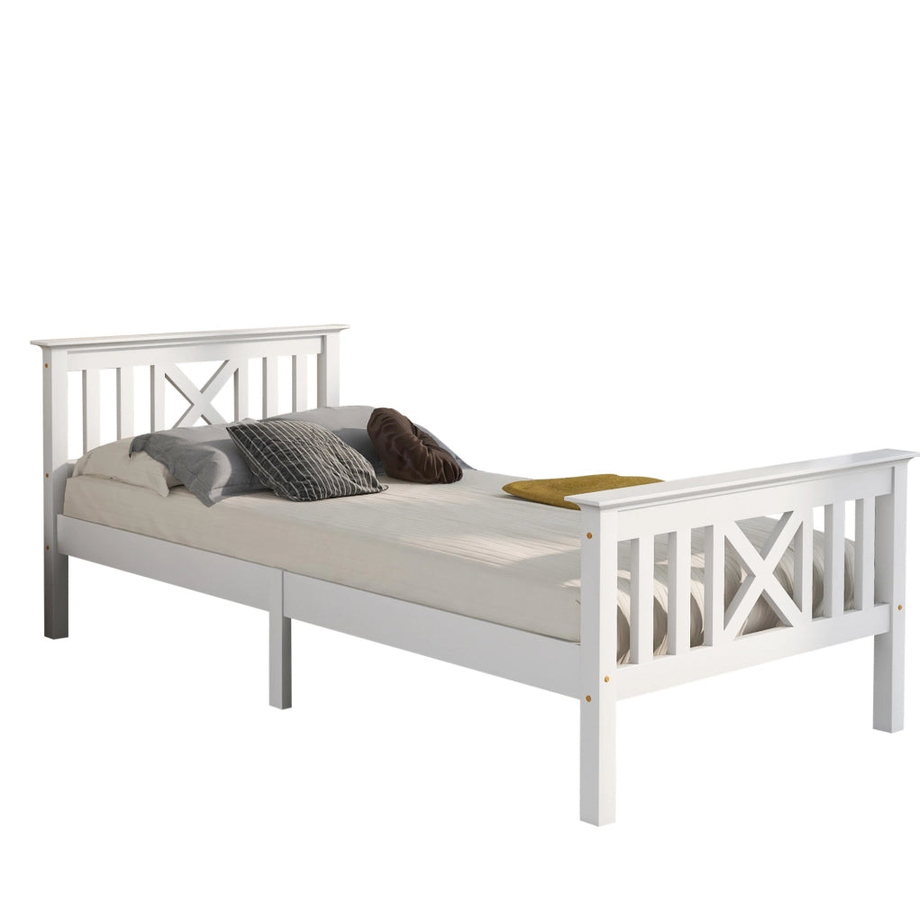 Letto singolo 90x200 cm con testiera a X e spazio contenitore; legno; bianco (Senza materasso)