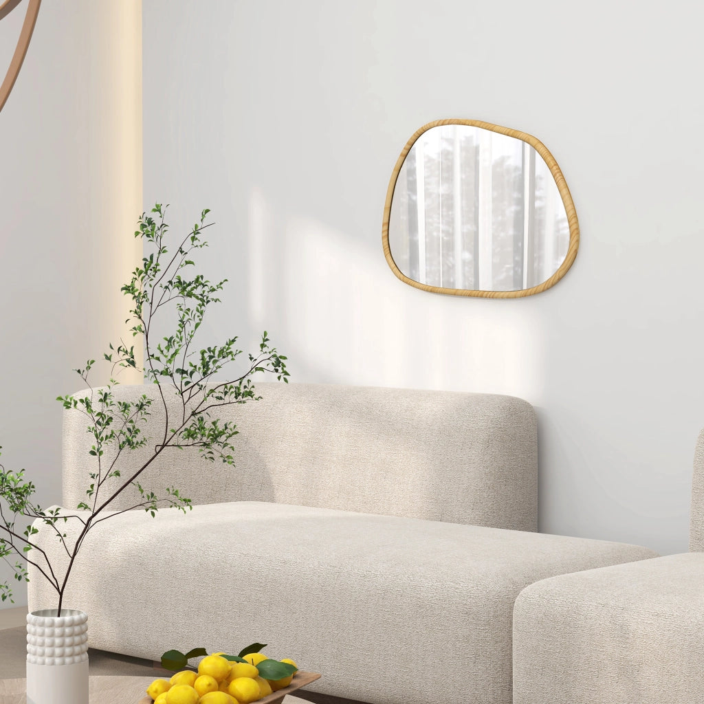 Specchio da parete asimmetrico 80x60 cm con cornice in legno naturale, installazione verticale o orizzontale