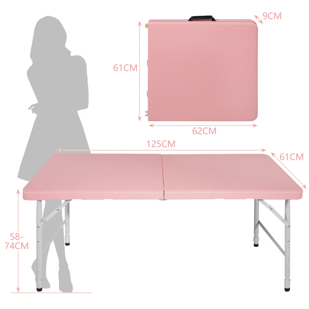 Tavolo pieghevole regolabile in altezza in plastica e ferro rosa per uso interno ed esterno 125 × 61 × 58-74 cm