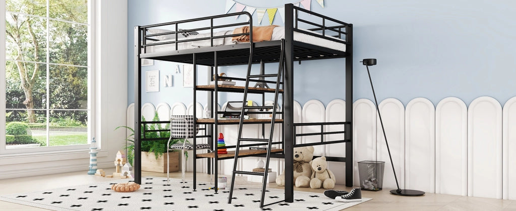 LETTO a soppalco 90x200 cm in metallo nero con scrivania, ripiani, scala e sponde