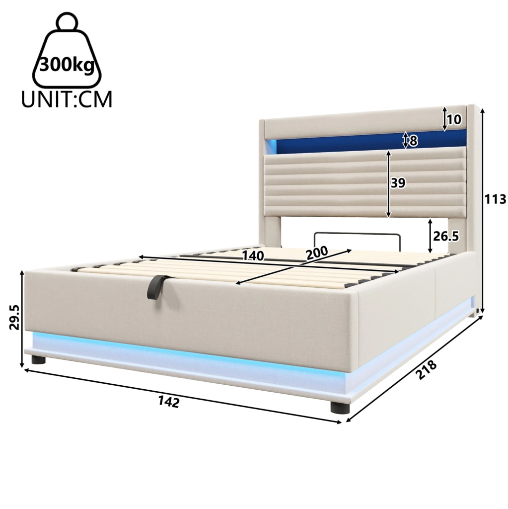 Letto imbottito con contenitore 140x200 cm in lino beige; LED e ricarica USB Type-C