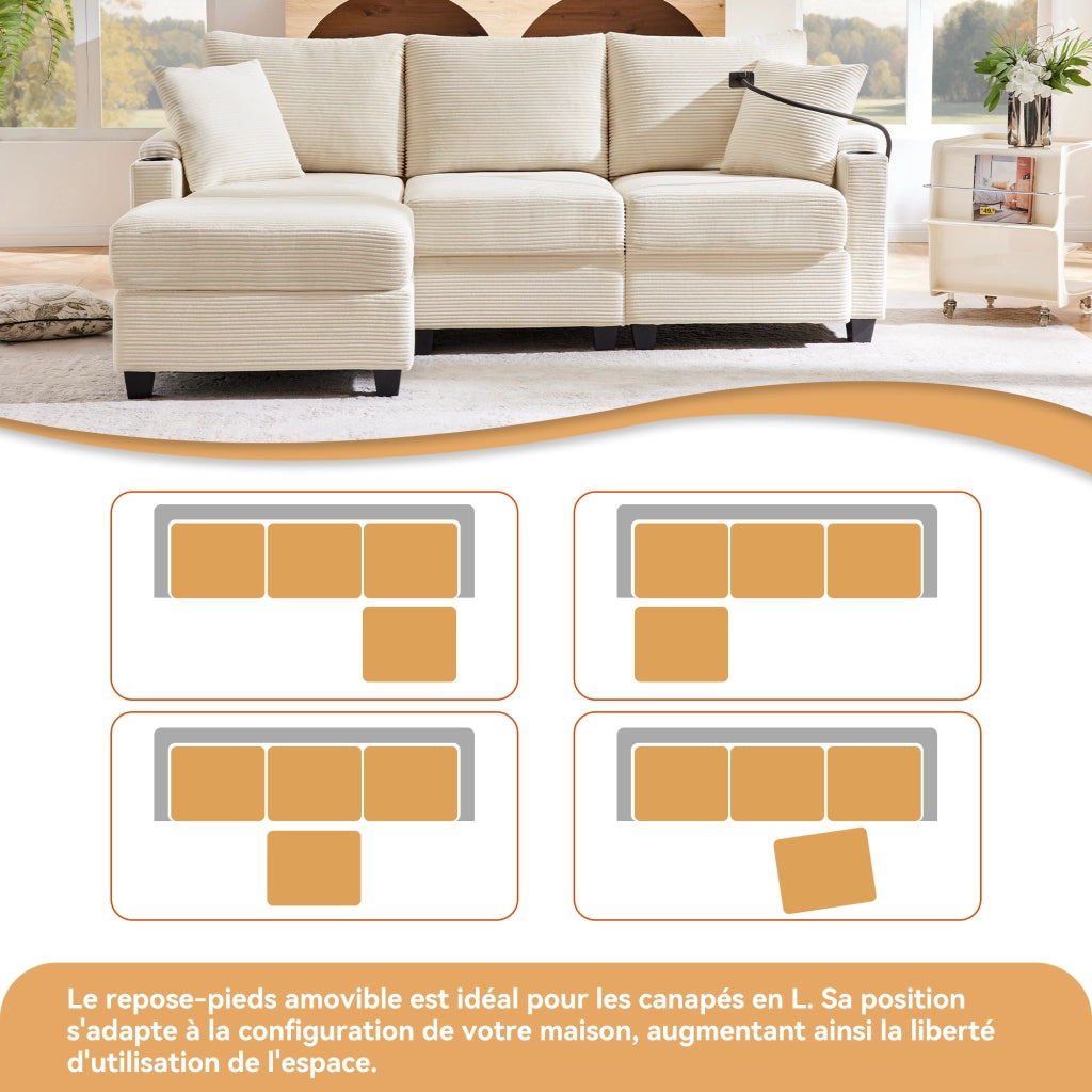 Divano angolare reversibile 3 posti con ricarica USB, ripiano bracciolo, 2 cuscini, velluto a coste Beige