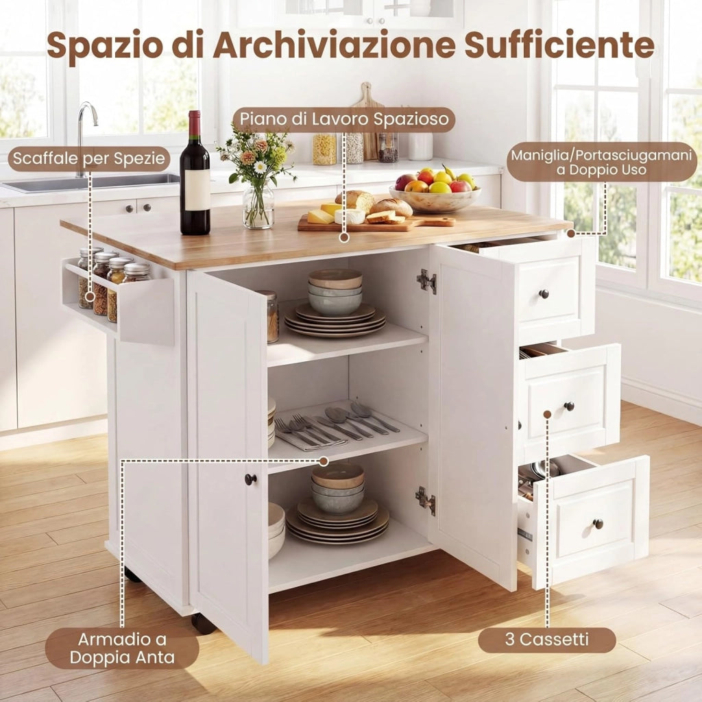 Carrello da Cucina in Legno, Carrello Isola Cucina con Ripiano Ribaltabile, Ruote, 3 Cassetti e Armadietto, Porta Spezie e Asciugamani, 129,5x76x93 cm