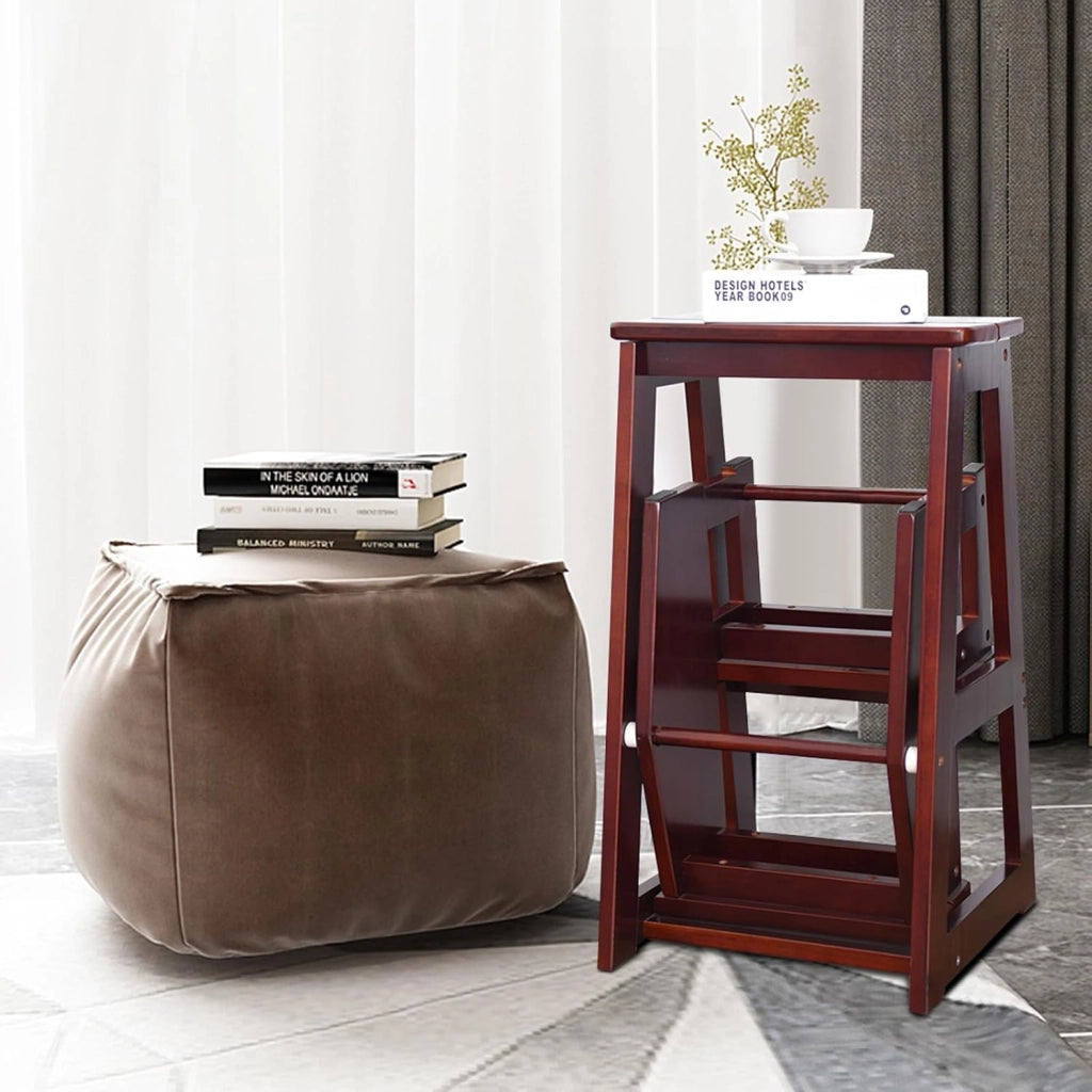 Sgabello Scaletta 3 Gradini in Legno di Pino, Sgabello Scala Pieghevole Salvaspazio, Scaletta 3 Gradini a Ribalta, Capacità Portante 150 kg, 57 x 38,5 x 66cm (Noce Scuro)