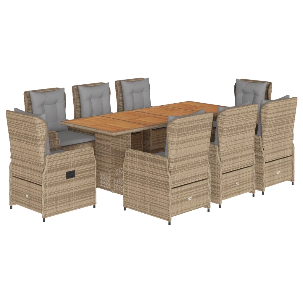 Set da Pranzo da Giardino 9 pz con Cuscini Beige in Polyrattan