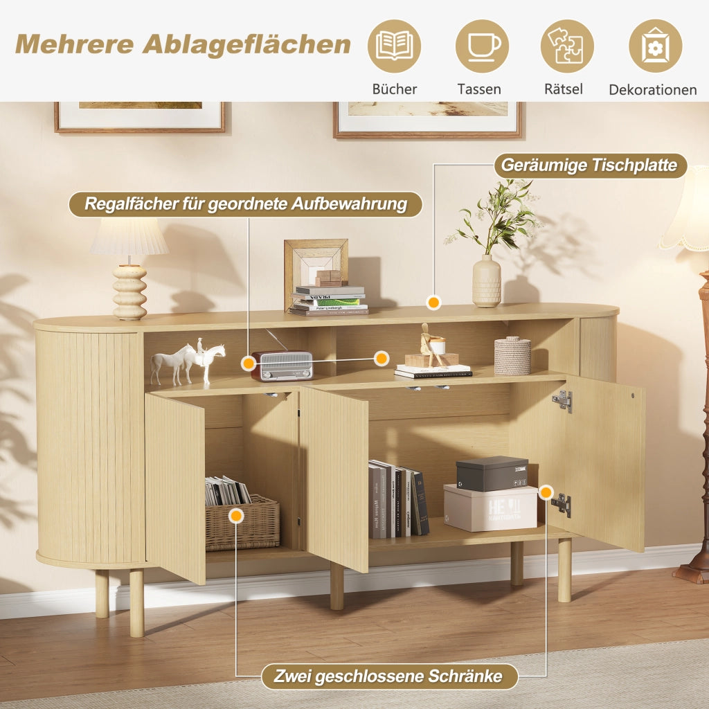 Credenza e madia con 3 ante a onde e vani aperti, per soggiorno, in truciolare, naturale, 160 × 40 × 78,5 cm