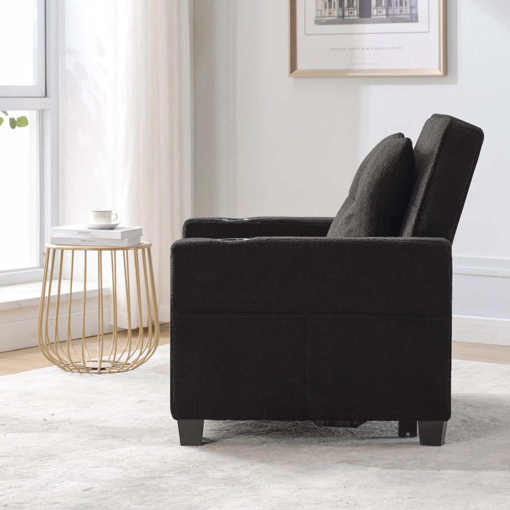 Fauteuil convertibile 3 in 1 con schienale regolabile, porta bicchieri, porta USB e tasca laterale nero 74 × 87 × 84 cm